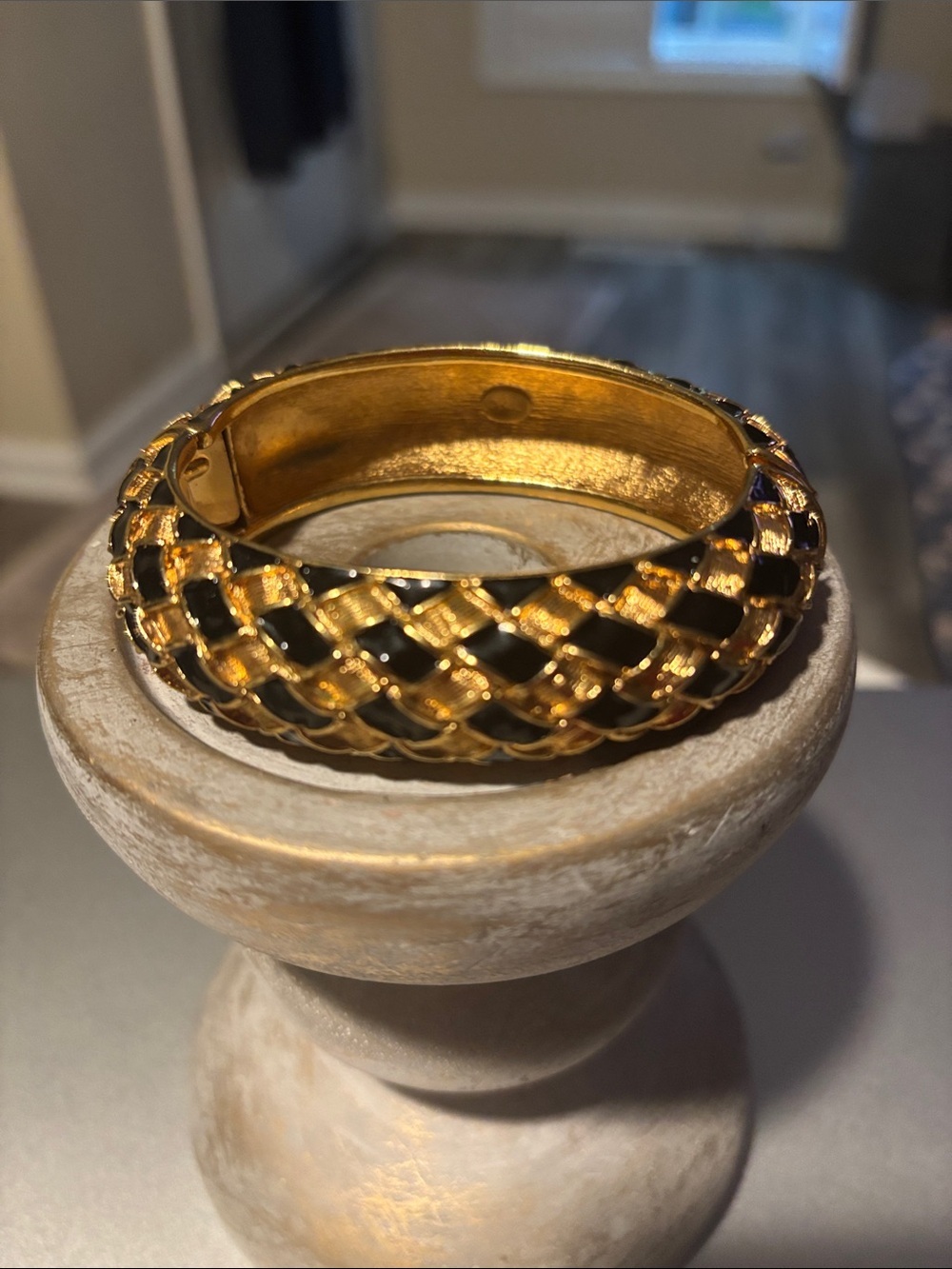 Gold Tone Black Enamel Braided Hinge Bangle Bracelet